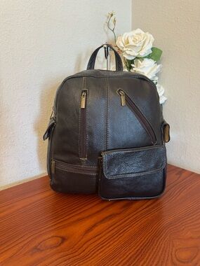 Men's Black Leather Backpack with Front Pocket - Unbranded